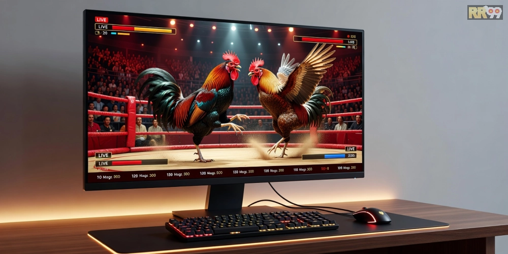 Minh họa khái niệm đá gà trực tiếp 69vn với giao diện nền tảng hiện đại và hình ảnh trận đấu sống động