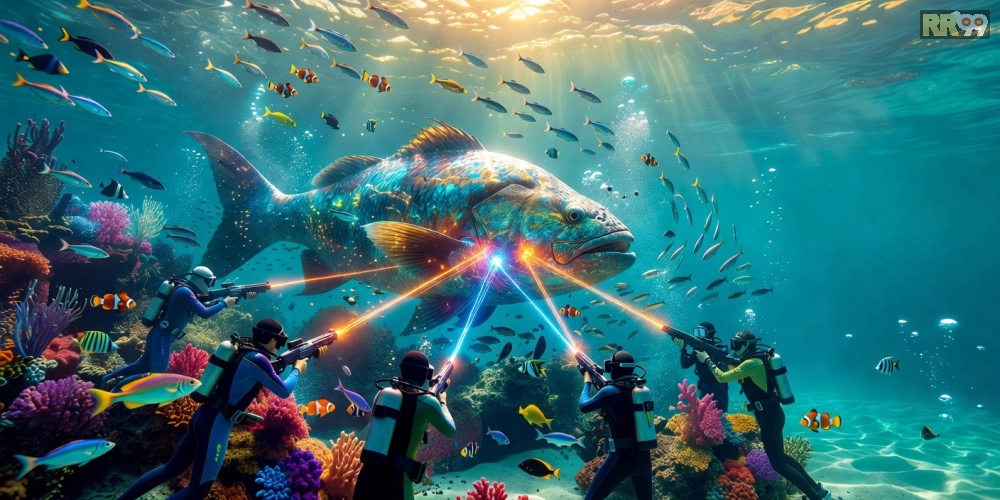 Hình ảnh đại dương sống động trong game bắn cá online 69vn với cá khổng lồ và súng laser